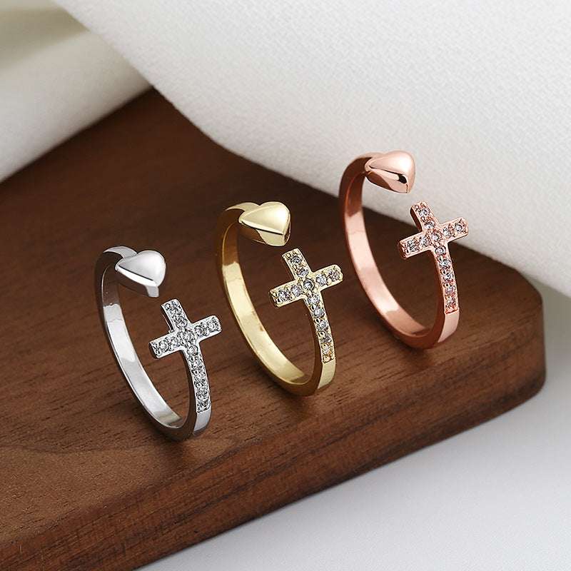 Cross Heart Ring With Rhinestones Open Adjustable Ring Ins Fashion Jewelry Accessories