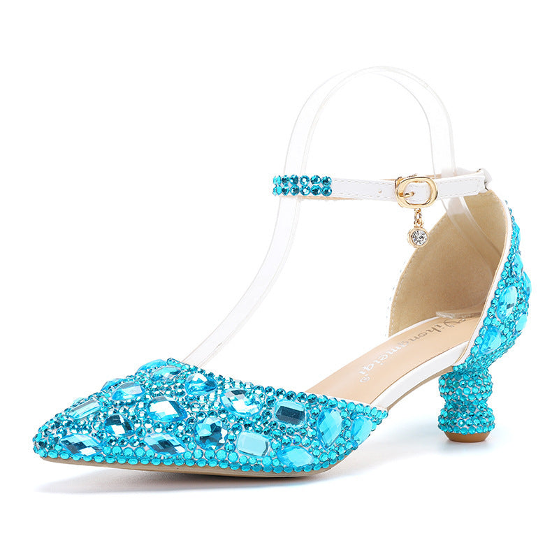 Low-top Summer Blue Color Pointed Gourd Heel Rhinestone Multi-color Fashion Wedding Banquet Women's Shoes - globaltradeleader