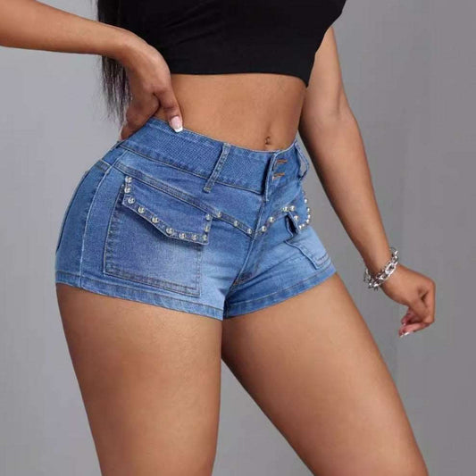 Mid-low Waist Beaded Mid-elastic Denim Shorts - globaltradeleader