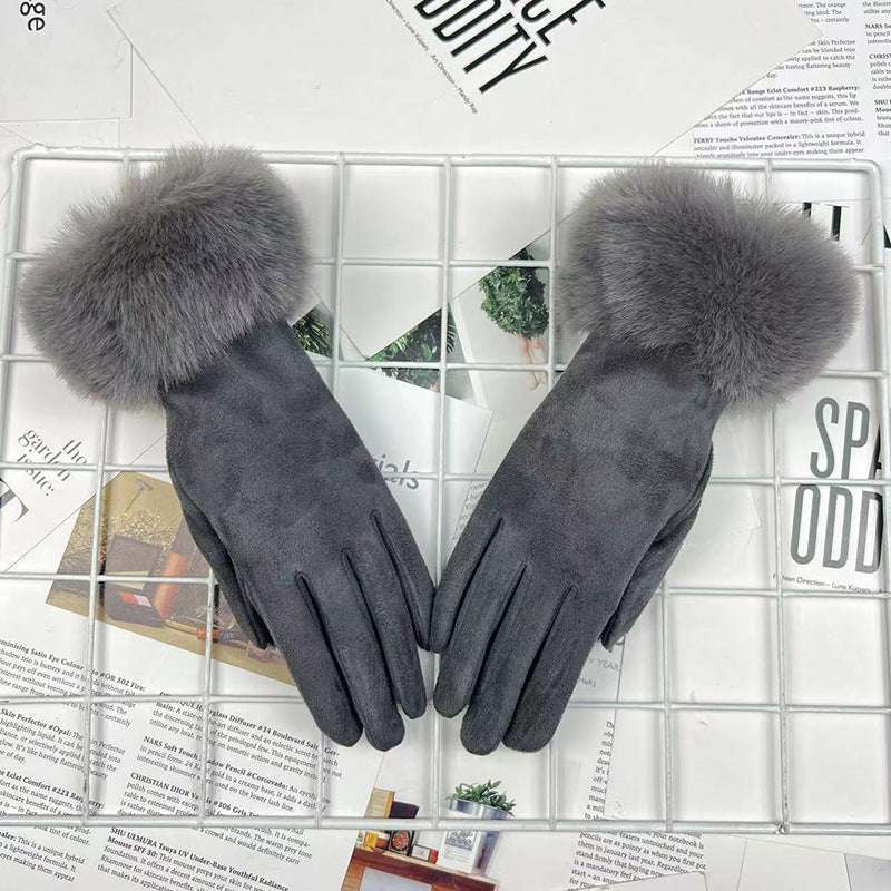 Warm Women's Fur Mouth Winter Riding Fleece-lined Finger Gloves Battery Car Thickened - globaltradeleader