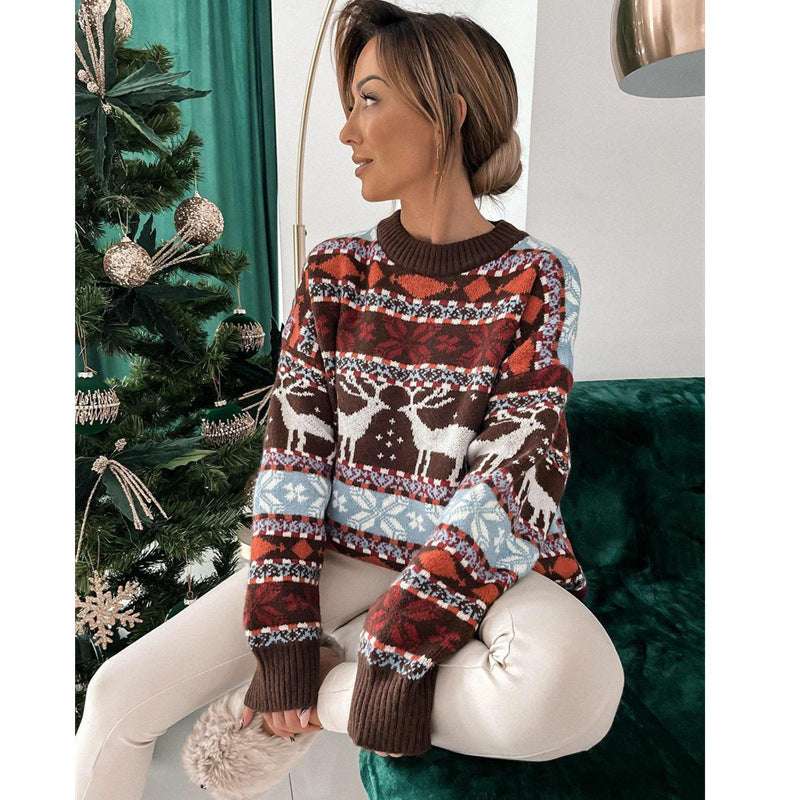 Women's Fashion Round Neck Loose Christmas Theme Jacquard Long Sleeve Sweater - globaltradeleader