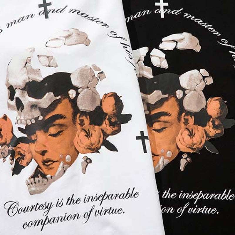 American Street Retro Double Yarn Dark Skull Letter Print Short-sleeved T-shirt Casual Men