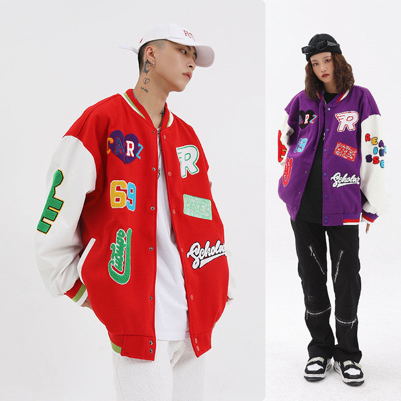 American Vintageoversize Patch Towel Embroidered Baseball Jacket