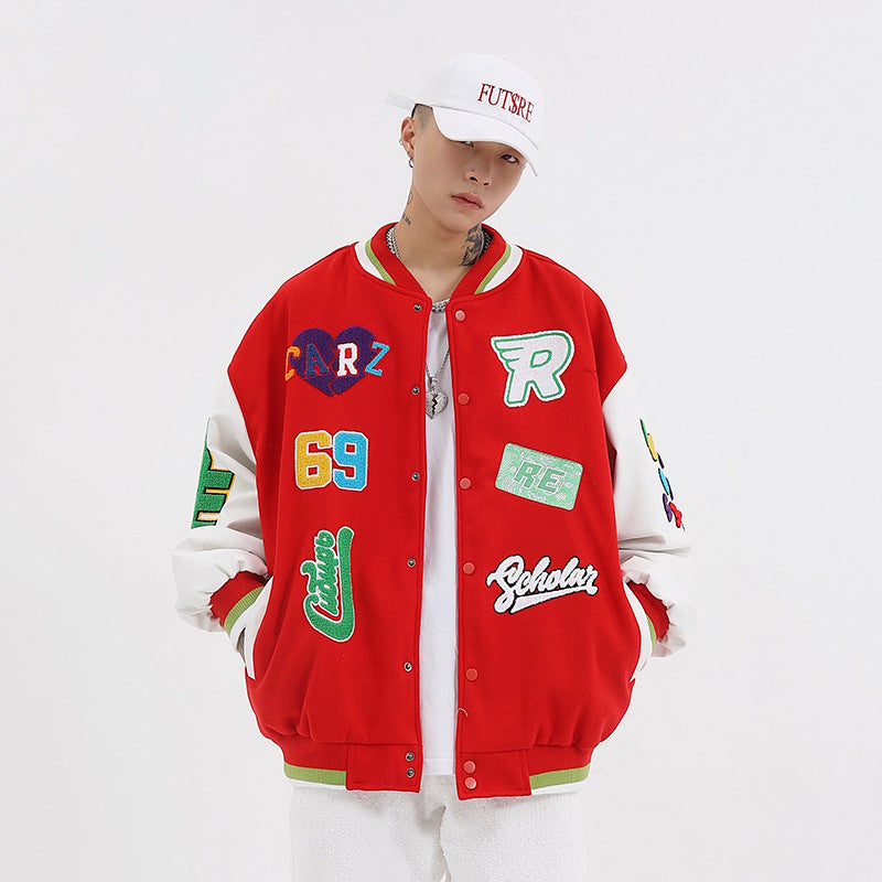 American Vintageoversize Patch Towel Embroidered Baseball Jacket