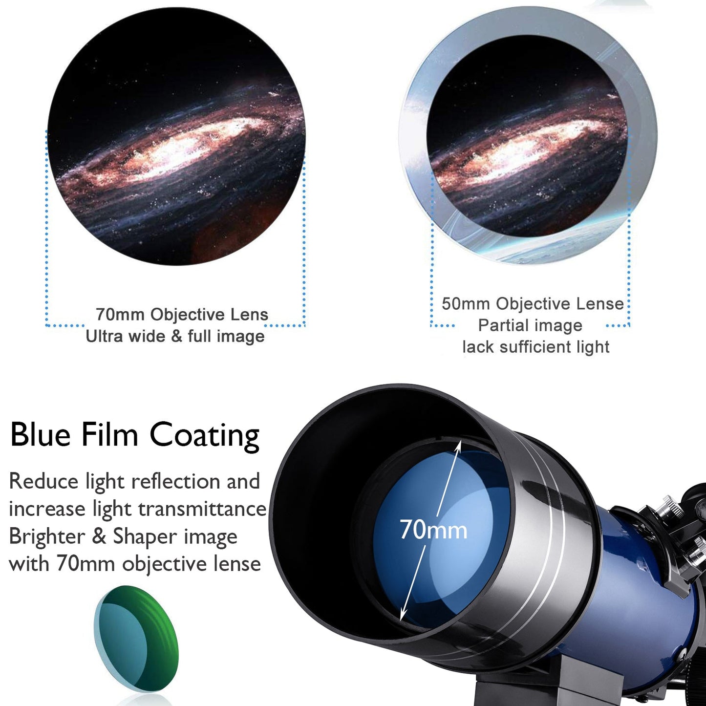 Astronomical Telescope 70mm Refractor Telescope Moon Watching for Kids Adults Astronomy Beginners 16X 67X Lens with Finder Scope