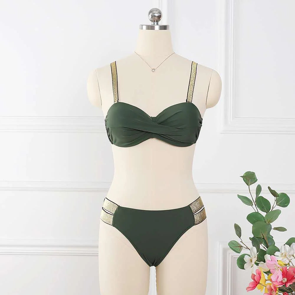 Bikini Sets Solid Color Swimsuit 2022 Sexy Mid-Waist Bandeau Gather Cup Bikinis Women Swimwear Female Bathing Suits Beach Wear - globaltradeleader