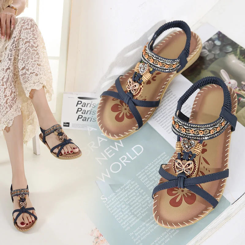 Bohemia Spring 2022 New Cross-border Large Size Flat Flower Rhinestone Sandals Open Toe Outer Wear Beach Sandals - globaltradeleader