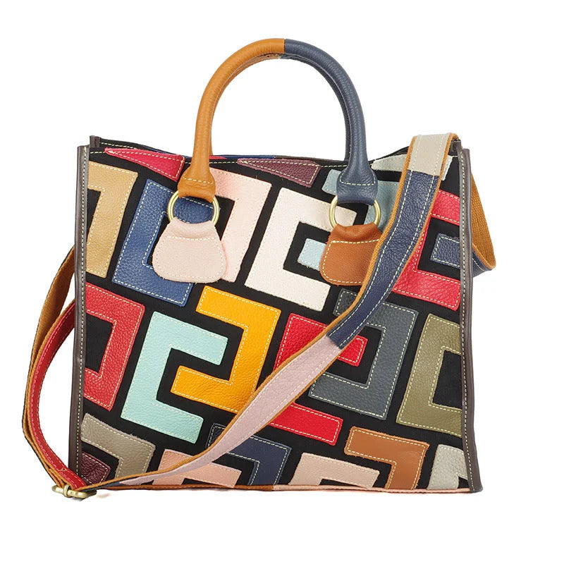 Color Contrast Geometric Pattern Stitching Crossbody Leather Handbag - globaltradeleader