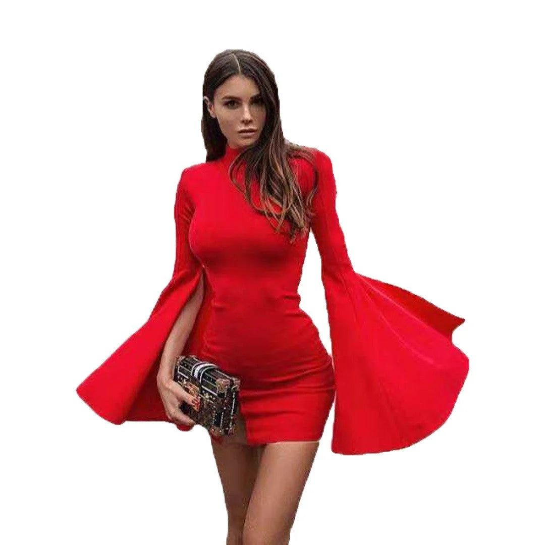 Color Turtleneck Vented Horn Sleeve Package Hip Women Dress - globaltradeleader