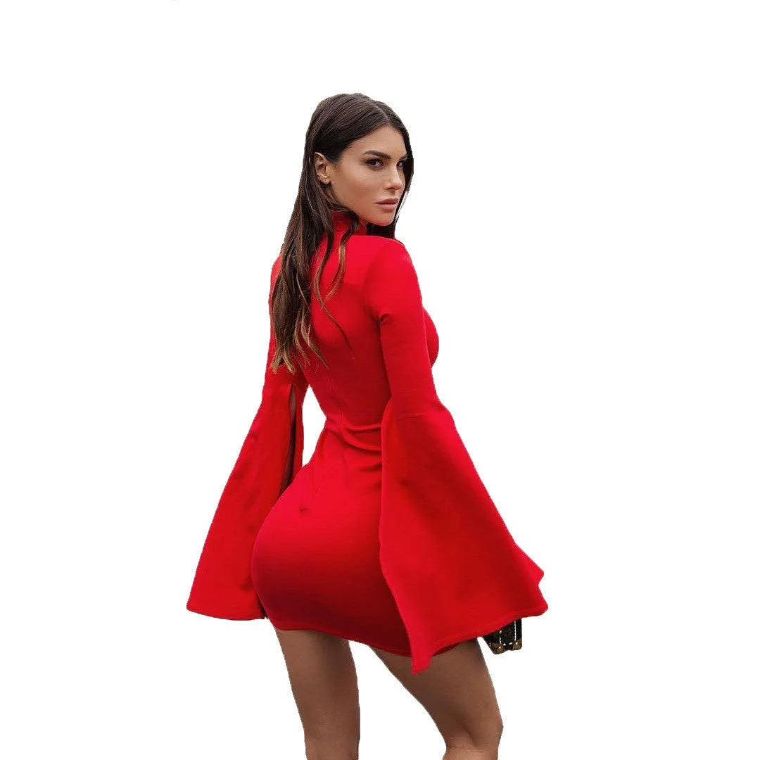 Color Turtleneck Vented Horn Sleeve Package Hip Women Dress - globaltradeleader