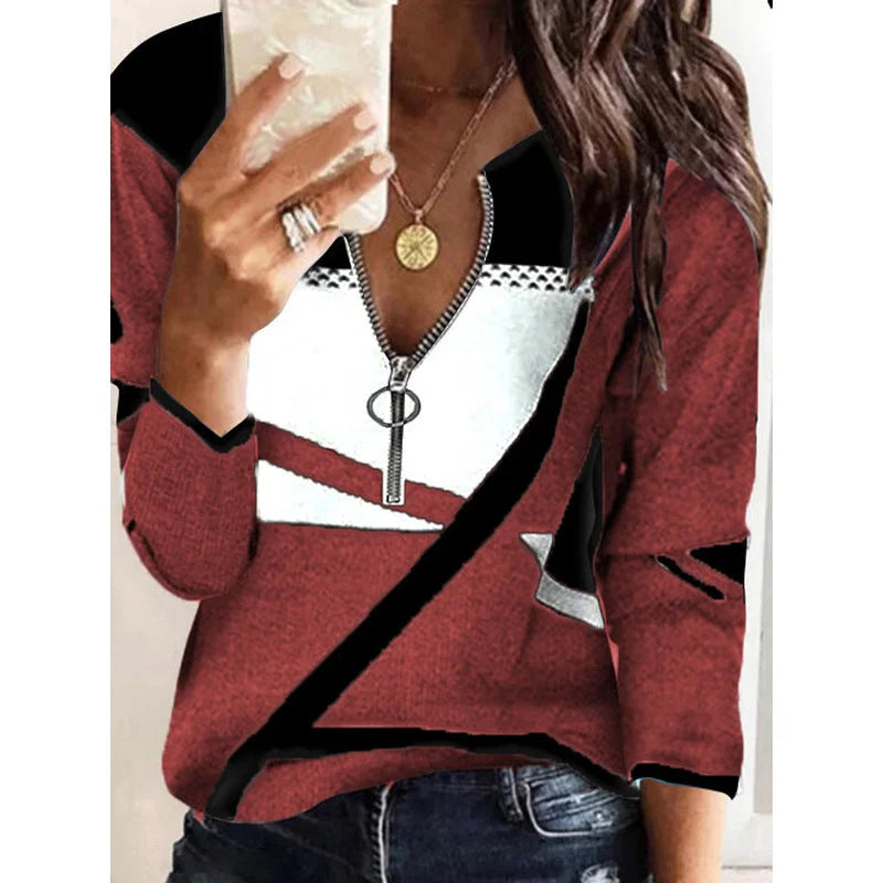 Colorblock V-neck Zipper Women's Casual Sweater - globaltradeleader