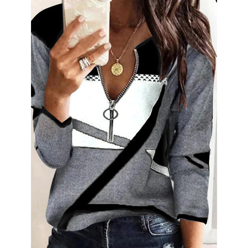 Colorblock V-neck Zipper Women's Casual Sweater - globaltradeleader