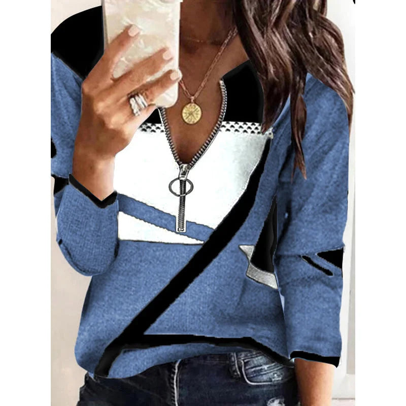 Colorblock V-neck Zipper Women's Casual Sweater - globaltradeleader