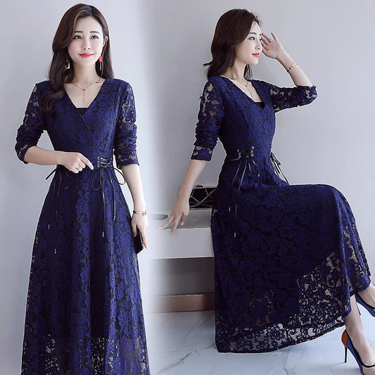 Crocheted Hollow-out Trend Stitching Temperament Fashion Leisure Mid-long Dresses in Autumn 2021 - globaltradeleader