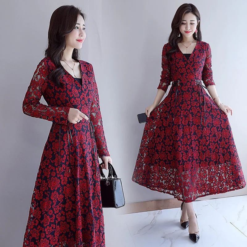 Crocheted Hollow-out Trend Stitching Temperament Fashion Leisure Mid-long Dresses in Autumn 2021 - globaltradeleader