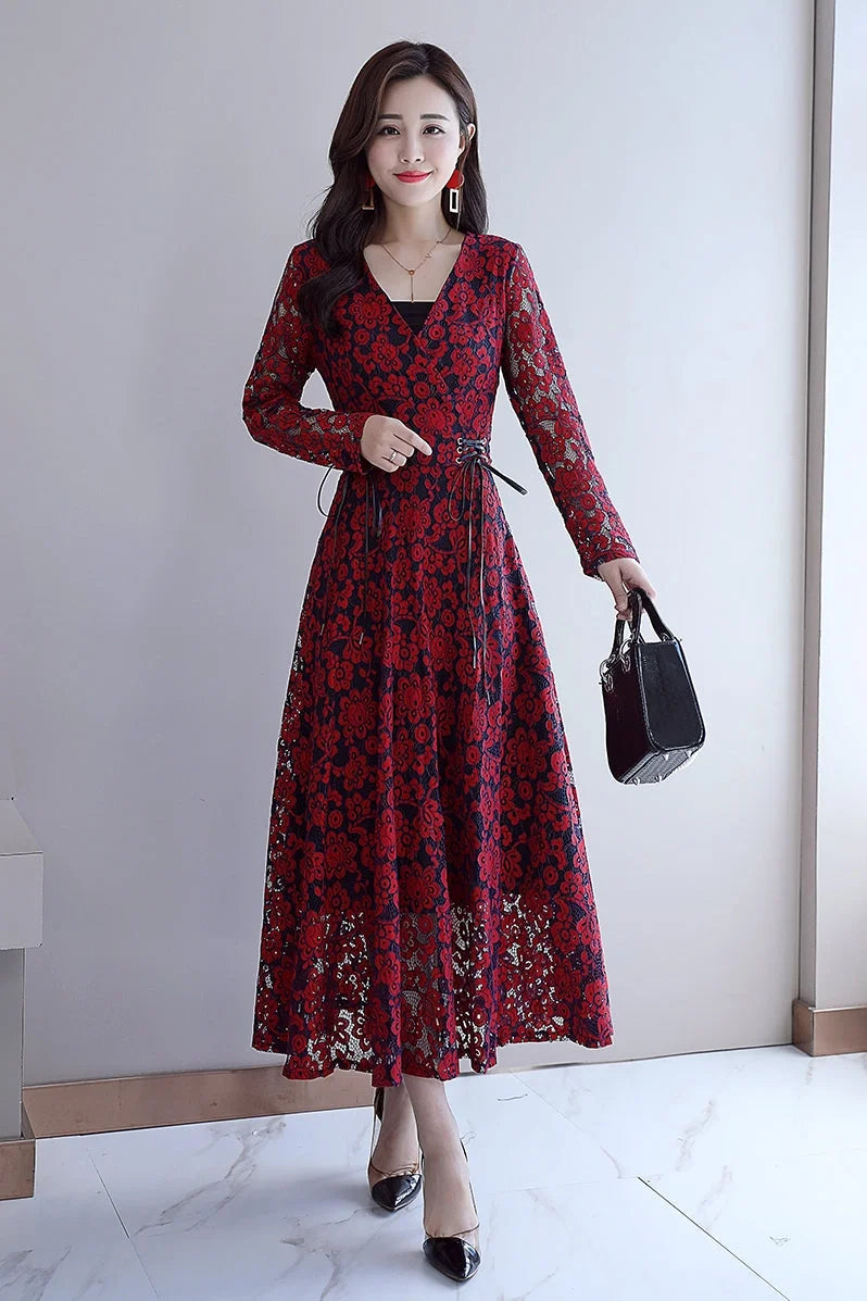 Crocheted Hollow-out Trend Stitching Temperament Fashion Leisure Mid-long Dresses in Autumn 2021 - globaltradeleader