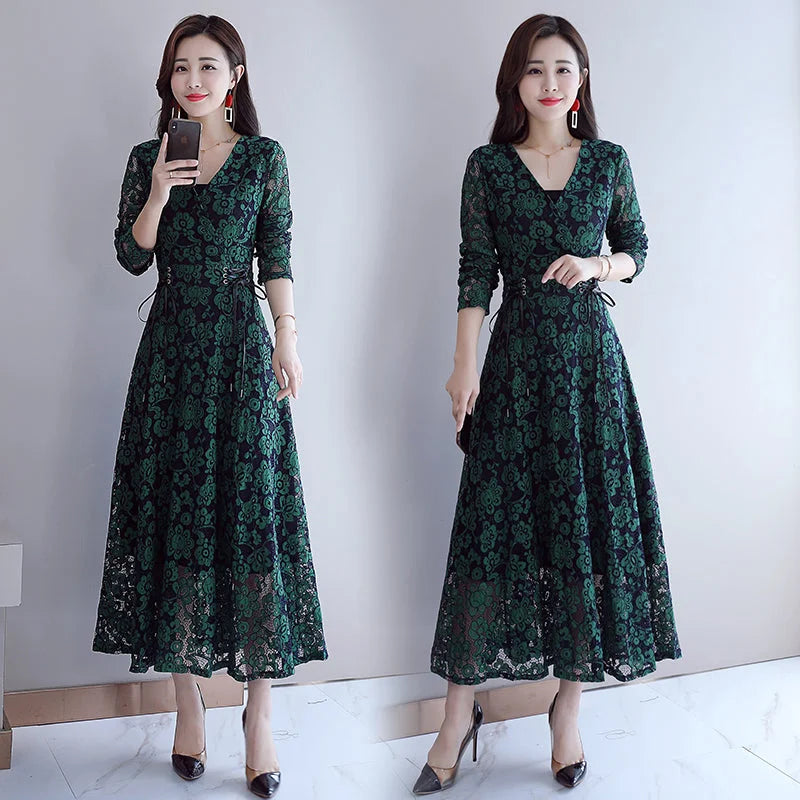 Crocheted Hollow-out Trend Stitching Temperament Fashion Leisure Mid-long Dresses in Autumn 2021 - globaltradeleader