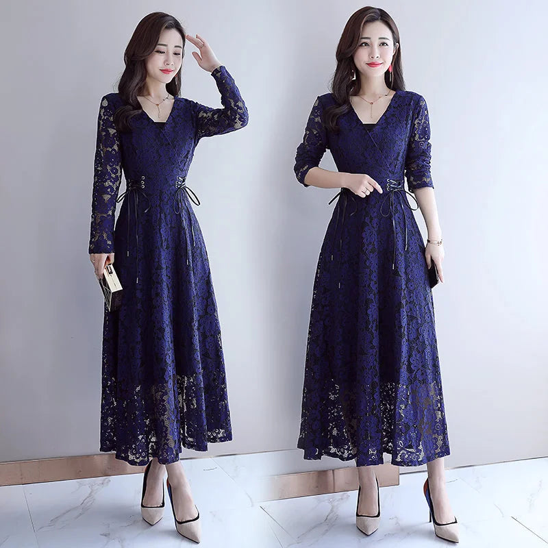 Crocheted Hollow-out Trend Stitching Temperament Fashion Leisure Mid-long Dresses in Autumn 2021 - globaltradeleader