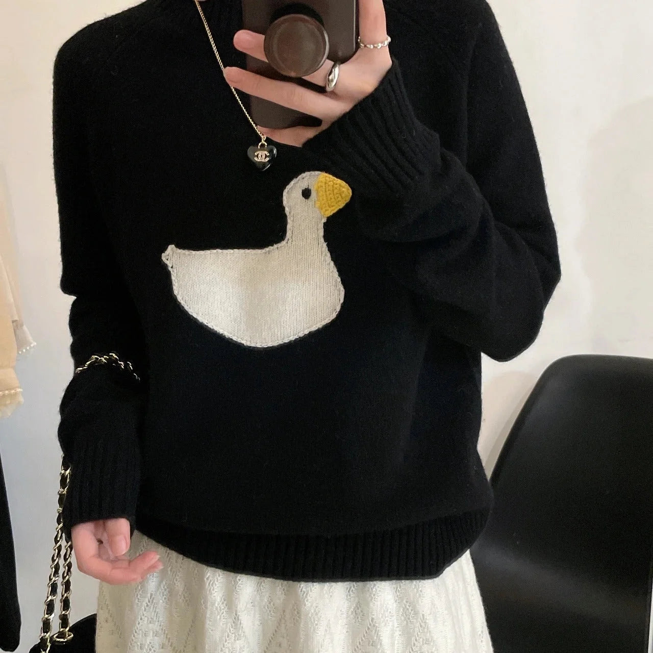 Cute Duckling Round Neck Sweater Texture Knitted Skirt Two-piece Suit - globaltradeleader