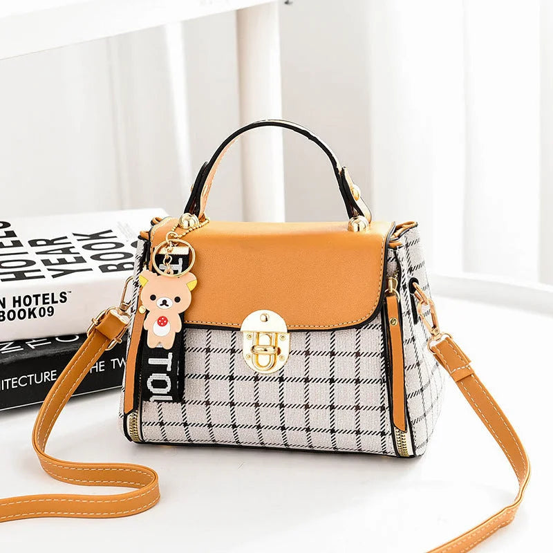 Fashion Handbags 2022 New Plaid Ladies Handbags Simple Bear Pendant Shoulder Messenger Bag Tide - globaltradeleader