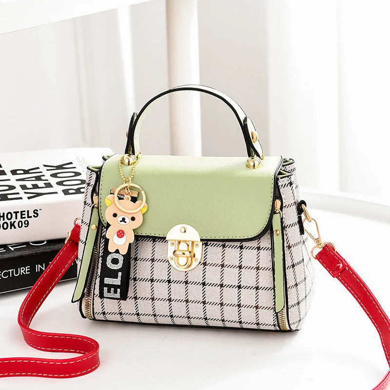 Fashion Handbags 2022 New Plaid Ladies Handbags Simple Bear Pendant Shoulder Messenger Bag Tide - globaltradeleader