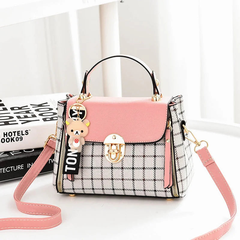 Fashion Handbags 2022 New Plaid Ladies Handbags Simple Bear Pendant Shoulder Messenger Bag Tide - globaltradeleader