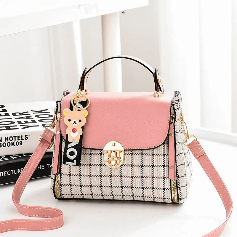 Fashion Handbags 2022 New Plaid Ladies Handbags Simple Bear Pendant Shoulder Messenger Bag Tide - globaltradeleader