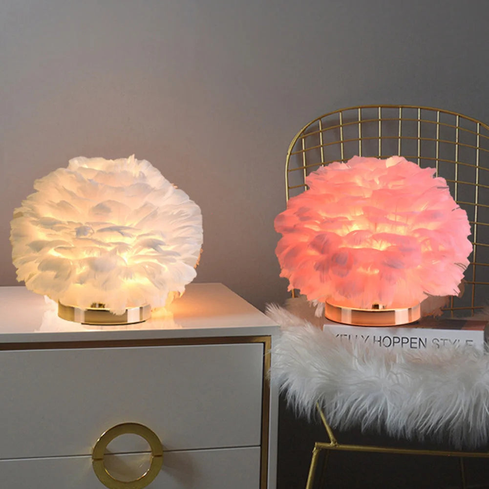 Feather Table Lamp Bedroom Bedside Light Luxury Ins Creative Warm And Romantic Girl Children'S Room Nordic Living Room Floor Lamp - globaltradeleader