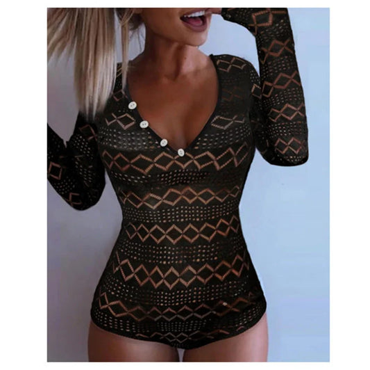 Geometric Print Long Sleeve Deep V Neck Buttoned One Piece Swimsuit - globaltradeleader