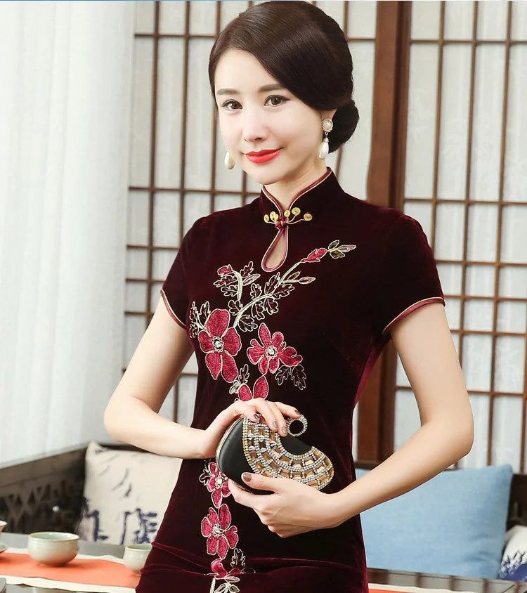 Handmade nail bead velvet cheongsam dress - globaltradeleader