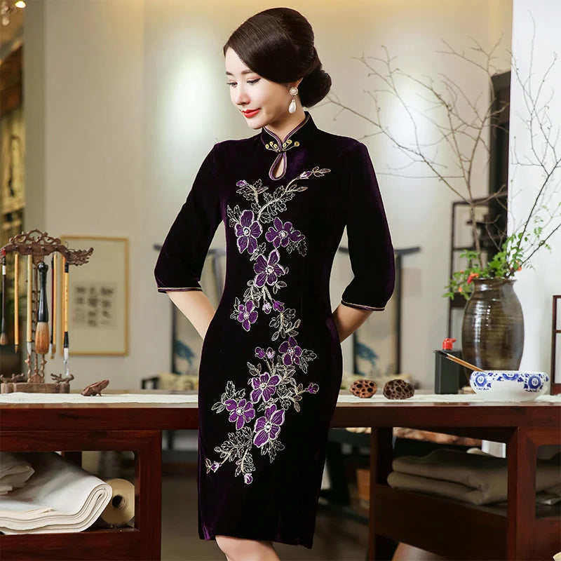 Handmade nail bead velvet cheongsam dress - globaltradeleader