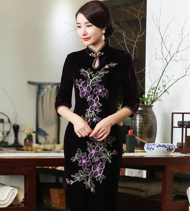 Handmade nail bead velvet cheongsam dress - globaltradeleader