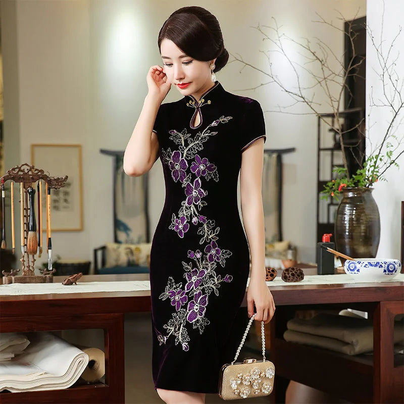 Handmade nail bead velvet cheongsam dress - globaltradeleader