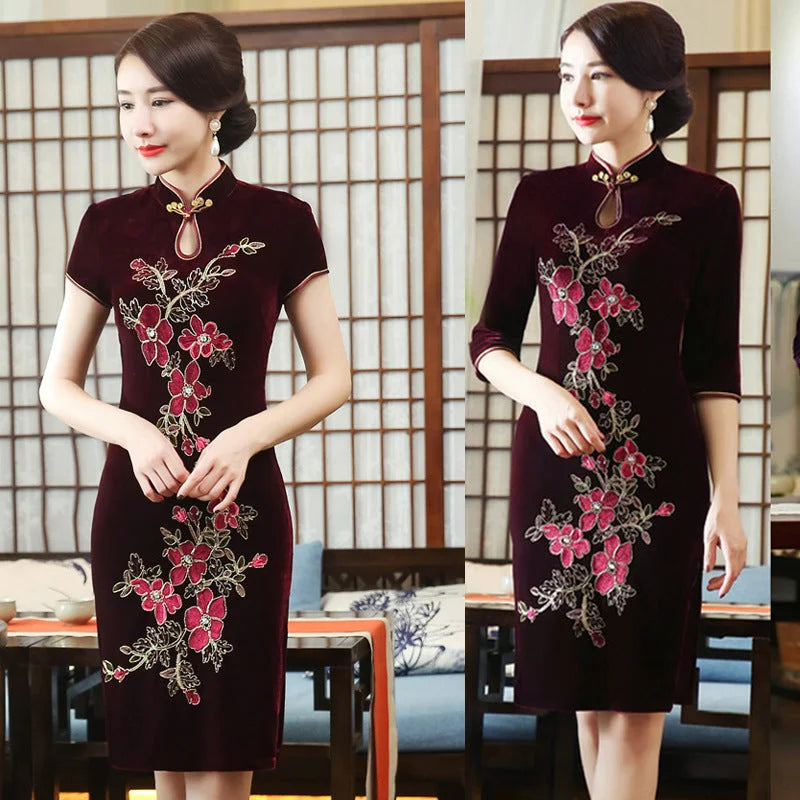 Handmade nail bead velvet cheongsam dress - globaltradeleader