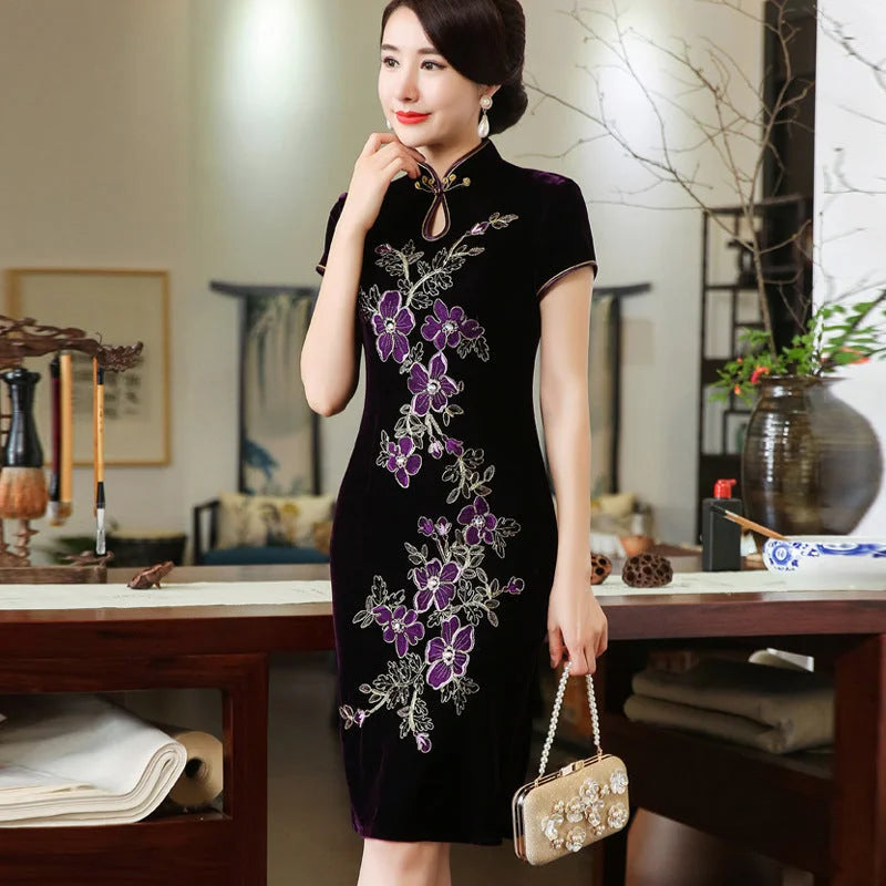 Handmade nail bead velvet cheongsam dress - globaltradeleader