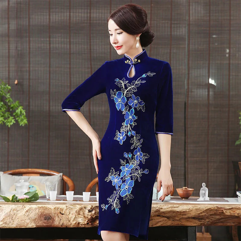 Handmade nail bead velvet cheongsam dress - globaltradeleader