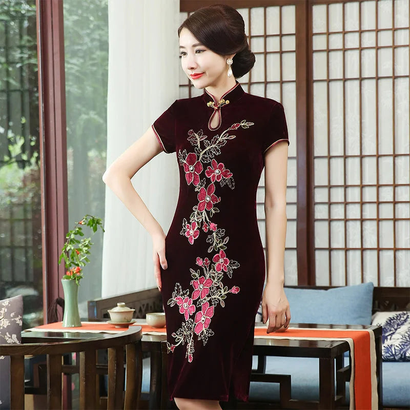 Handmade nail bead velvet cheongsam dress - globaltradeleader