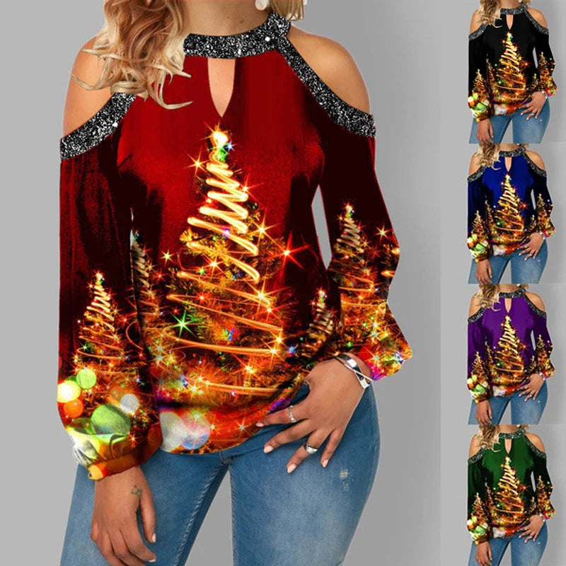 Hanging Neck Button Long Sleeve Hollow Christmas Women's T-shirt - globaltradeleader