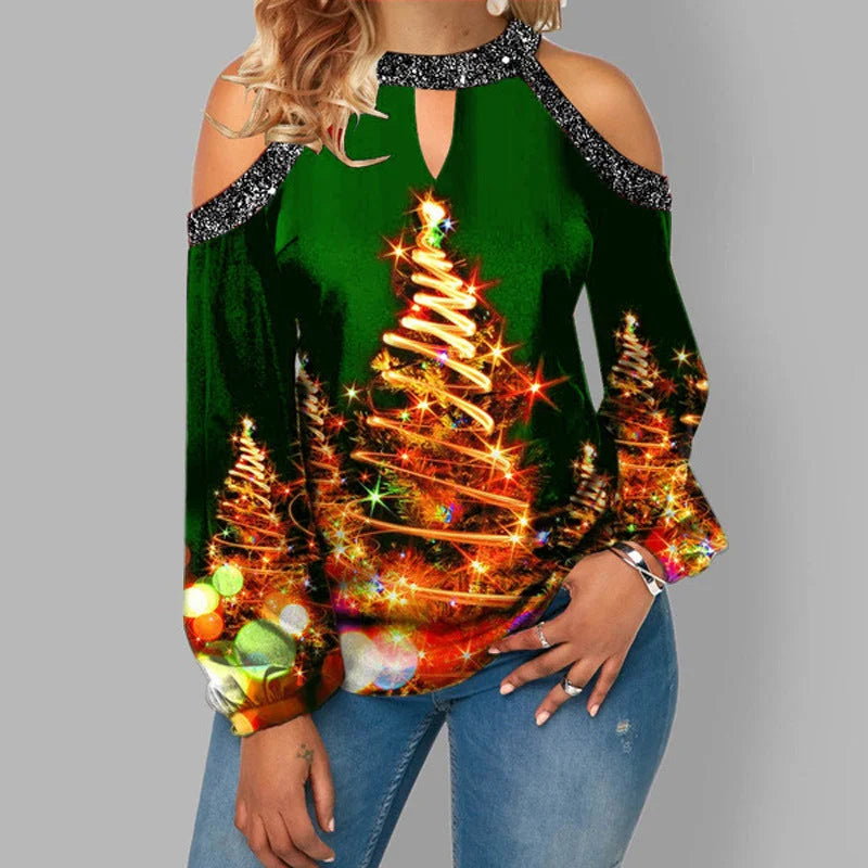 Hanging Neck Button Long Sleeve Hollow Christmas Women's T-shirt - globaltradeleader