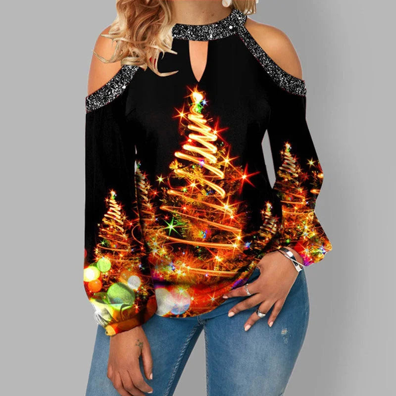 Hanging Neck Button Long Sleeve Hollow Christmas Women's T-shirt - globaltradeleader