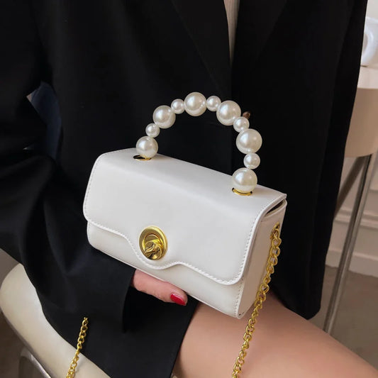 Kawaii Mini Tote PU Leather Flap Crossbody Bag With Pearl Short Handle 2022 Summer Women's Designer Handbag Luxury Shoulder Bags - globaltradeleader