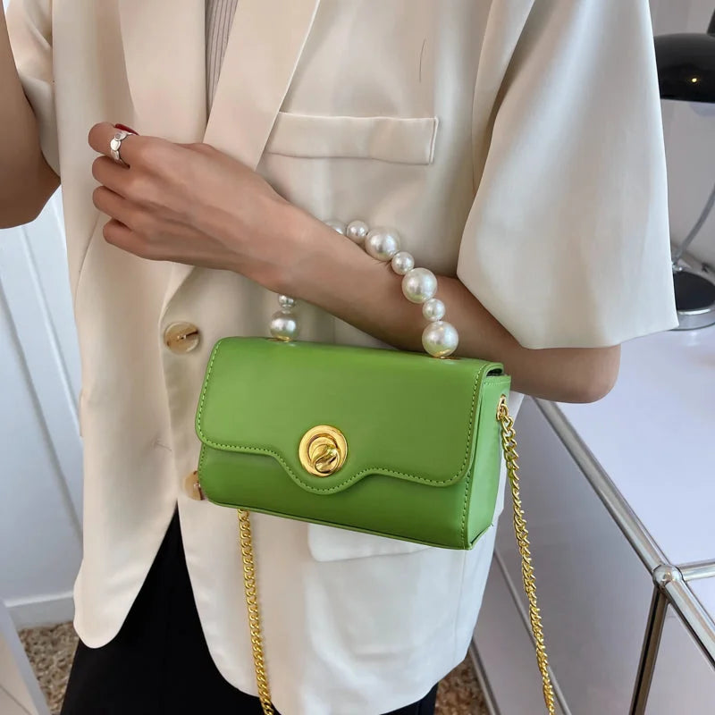 Kawaii Mini Tote PU Leather Flap Crossbody Bag With Pearl Short Handle 2022 Summer Women's Designer Handbag Luxury Shoulder Bags - globaltradeleader