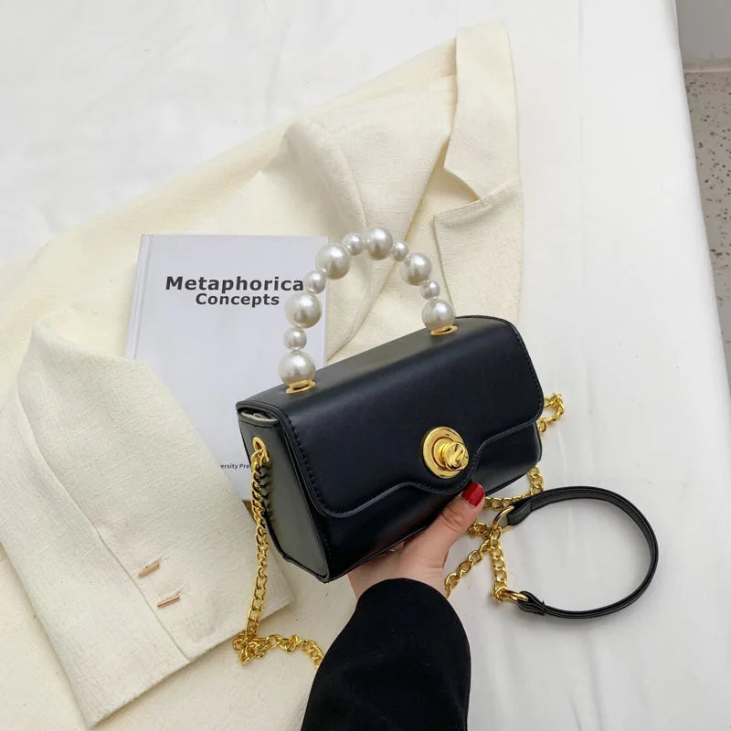 Kawaii Mini Tote PU Leather Flap Crossbody Bag With Pearl Short Handle 2022 Summer Women's Designer Handbag Luxury Shoulder Bags - globaltradeleader