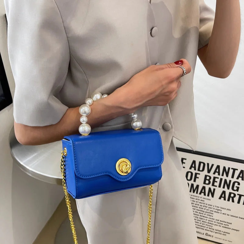 Kawaii Mini Tote PU Leather Flap Crossbody Bag With Pearl Short Handle 2022 Summer Women's Designer Handbag Luxury Shoulder Bags - globaltradeleader