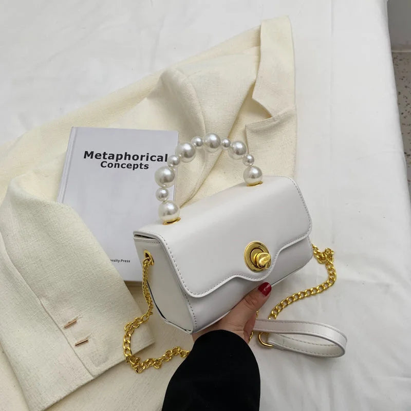 Kawaii Mini Tote PU Leather Flap Crossbody Bag With Pearl Short Handle 2022 Summer Women's Designer Handbag Luxury Shoulder Bags - globaltradeleader