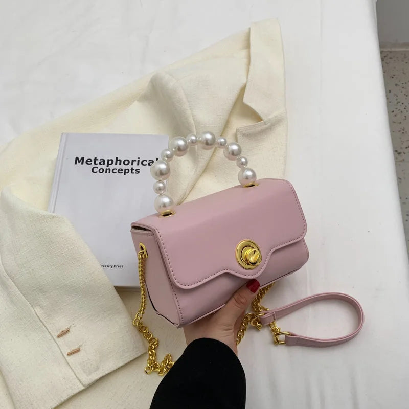 Kawaii Mini Tote PU Leather Flap Crossbody Bag With Pearl Short Handle 2022 Summer Women's Designer Handbag Luxury Shoulder Bags - globaltradeleader