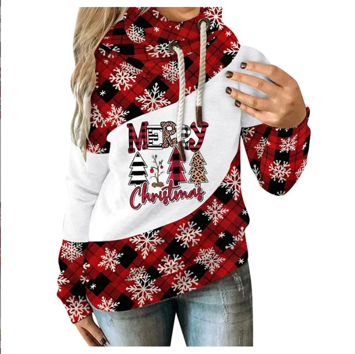 Loose Printed Contrast Color Fleece Hooded Casual Sweater - globaltradeleader