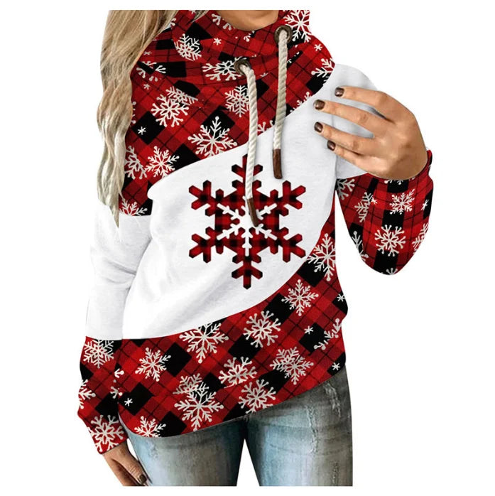 Loose Printed Contrast Color Fleece Hooded Casual Sweater - globaltradeleader