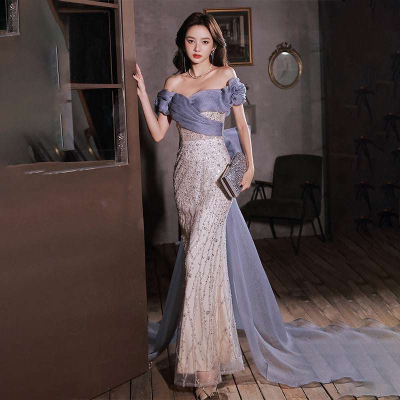 Evening Dress Female Sequin Big Bow Host Fishtail Bel Canto Solo Performance Costume Vocal Art Examination - globaltradeleader