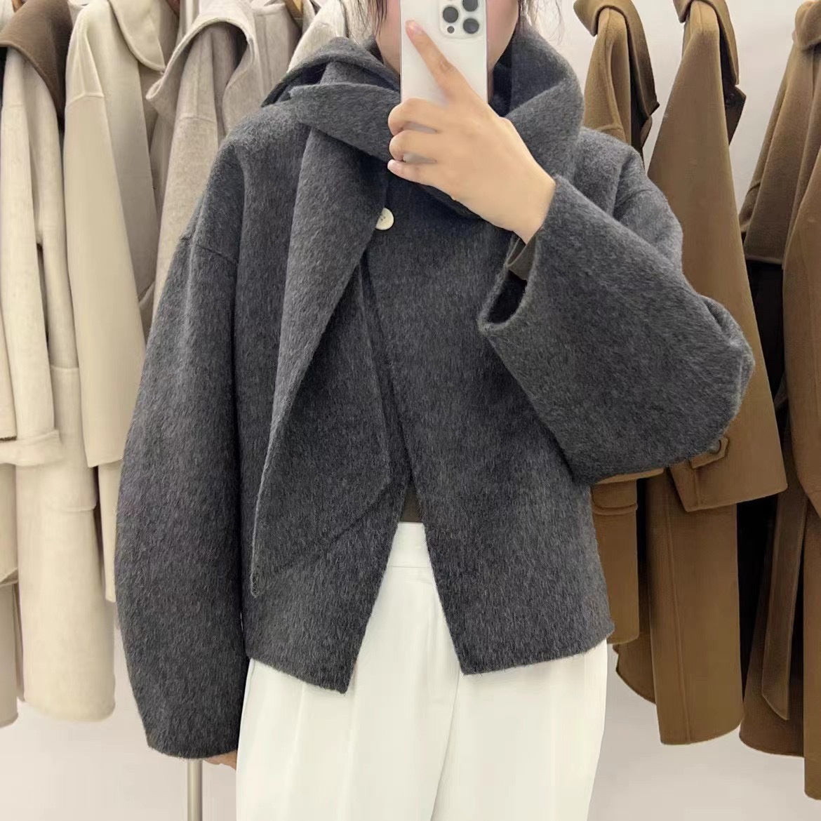 23 New Autumn And Winter New Scarf Collar Short Double-sided Cashmere Coat For Women Petite Round Neck Weibo Wool Coat